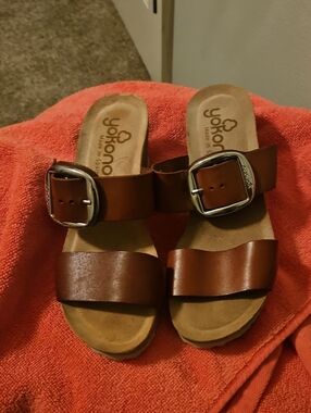 Yokono Brown Leather Slide Sandals with Buckle